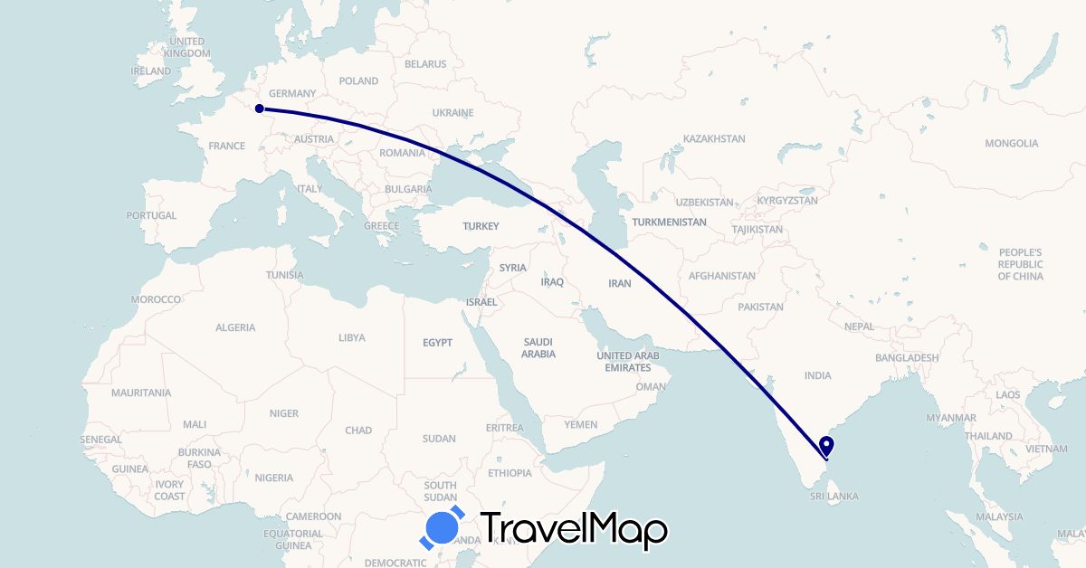 TravelMap itinerary: driving in India, Luxembourg (Asia, Europe)